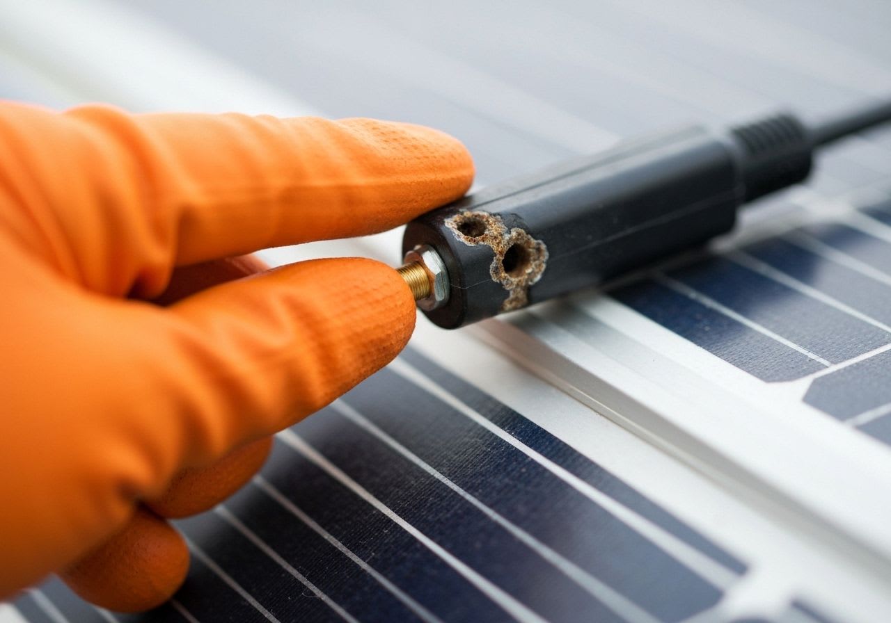Nahaufnahme eines korrodierten MC4-Steckers an einem Solarkabel, der die Leistung des Balkonkraftwerks mindern kann.