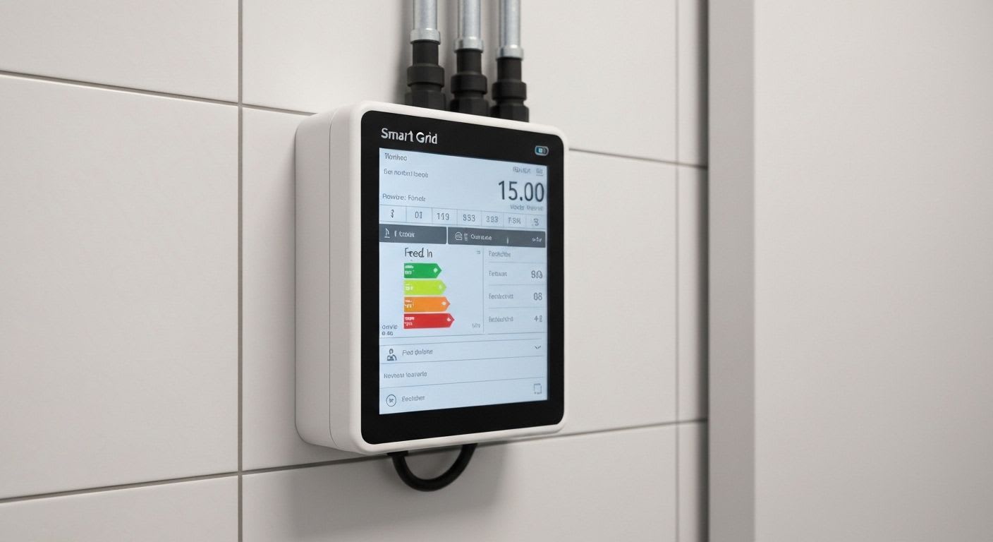 Ein moderner Smart Meter mit digitaler Anzeige, der den Stromverbrauch und die Einspeisung für ein Balkonkraftwerk darstellt.