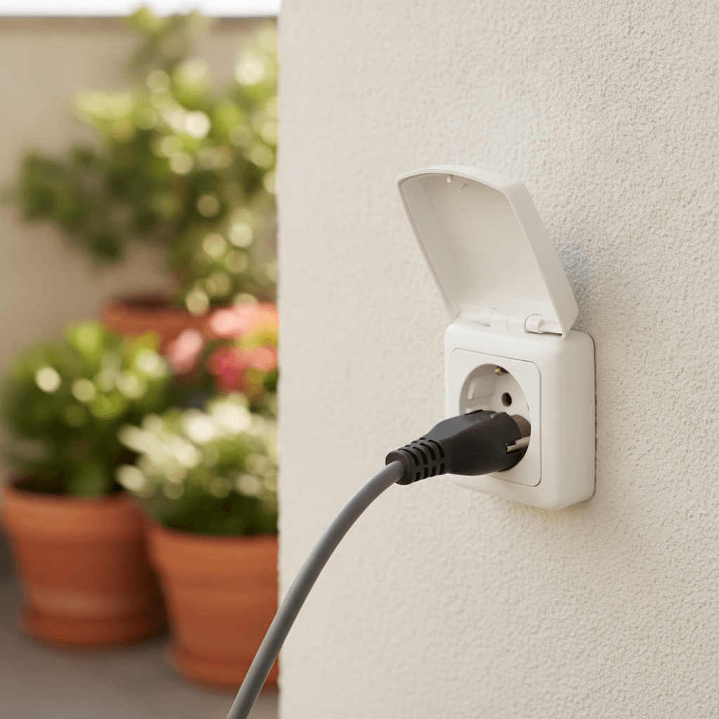 Außensteckdose mit Kabel am Balkon