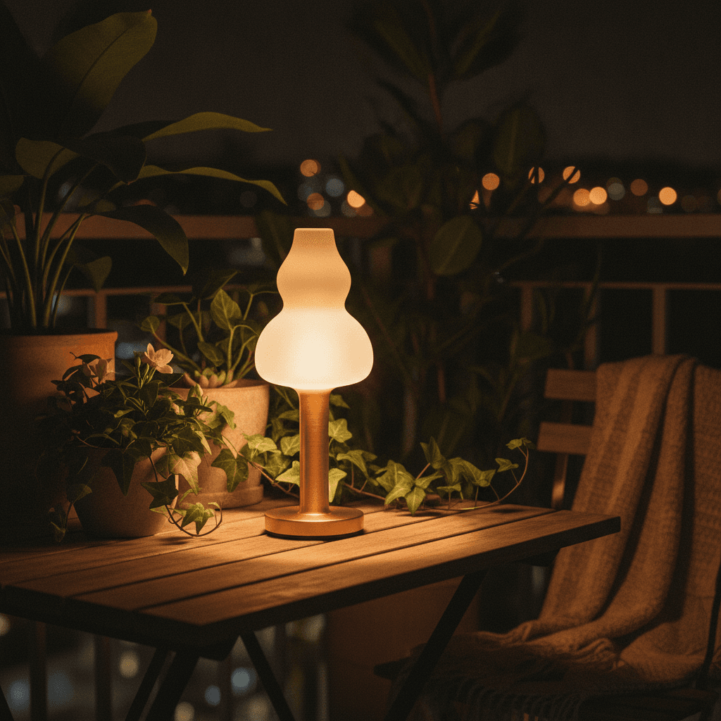 Tischlampe leuchtet abends auf dem Balkon