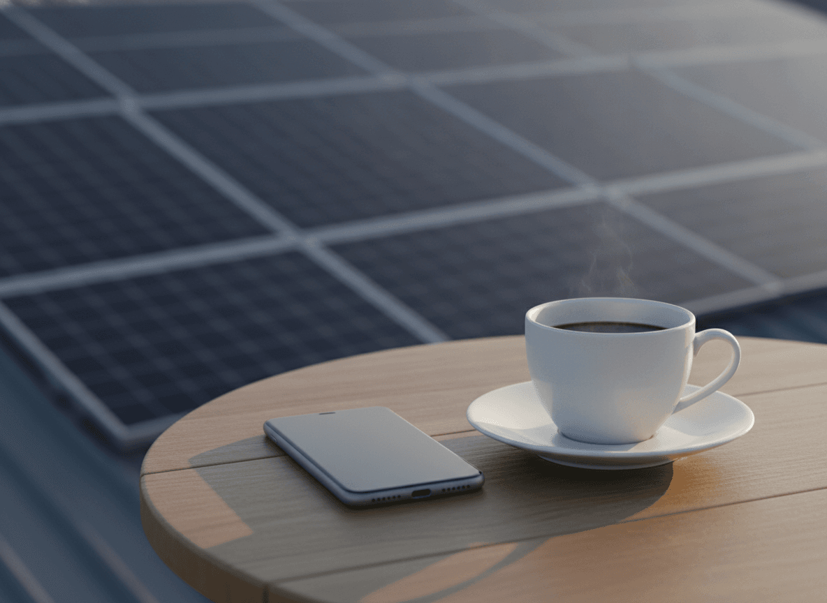 Smartphone und Kaffee auf dem Balkontisch vor Solarmodulen