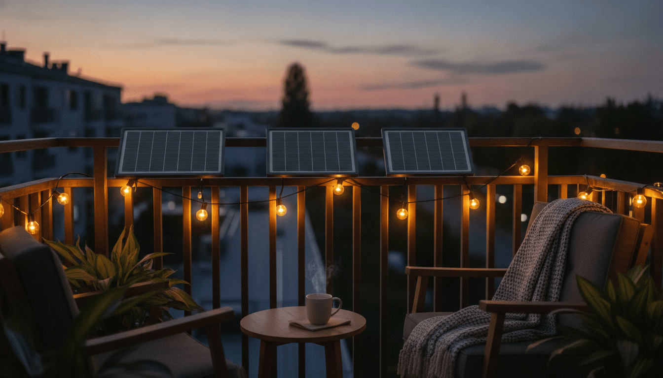 Lichterkette leuchtet abends auf dem Balkon mit Solarmodulen