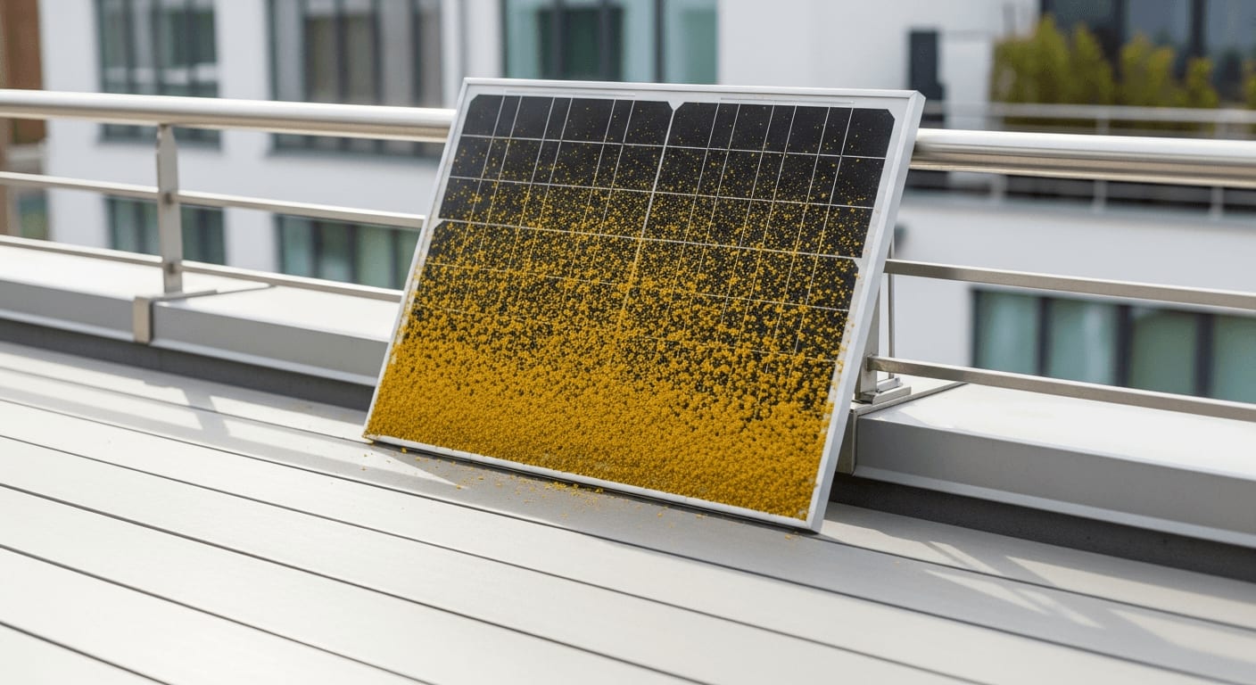 Stark verschmutztes Solarmodul am Balkongeländer mit einer dicken Schicht aus gelben Pollen, die den Ertrag mindert.