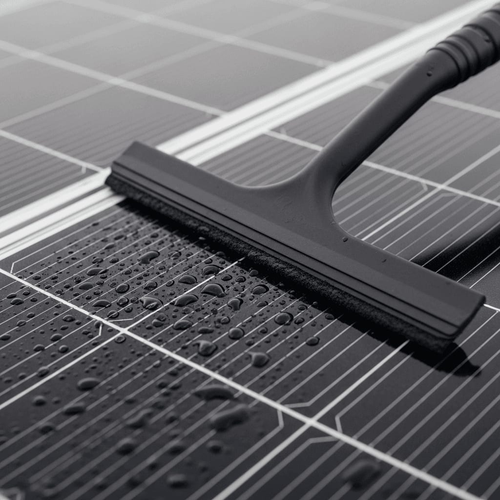 Ein Gummiabzieher entfernt sanft Wassertropfen vom Solarmodul nach der gründlichen Balkonkraftwerk Reinigung.