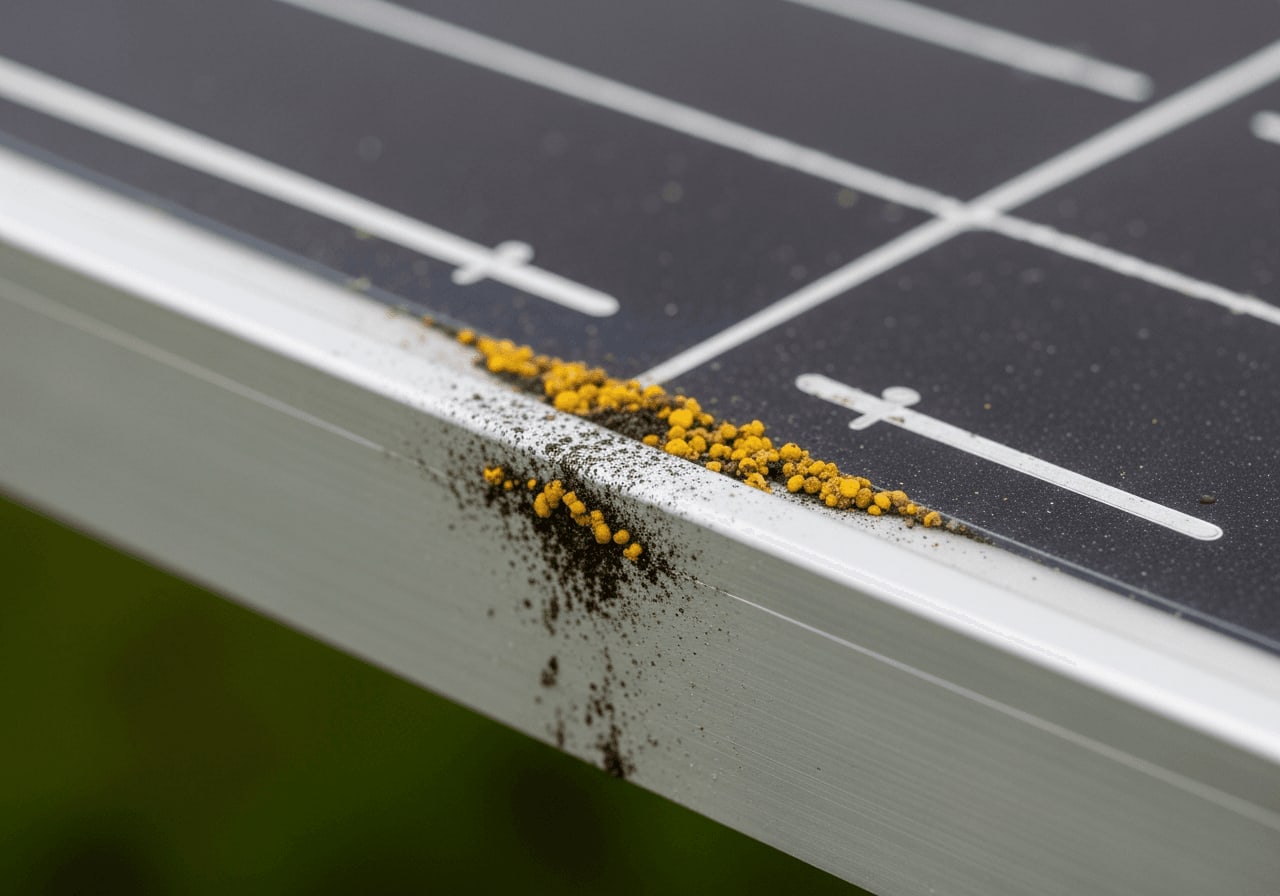 Schmutzkruste aus Pollen und Staub an der unteren Kante des Alurahmens, ein Problem bei der Balkonkraftwerk Reinigung.