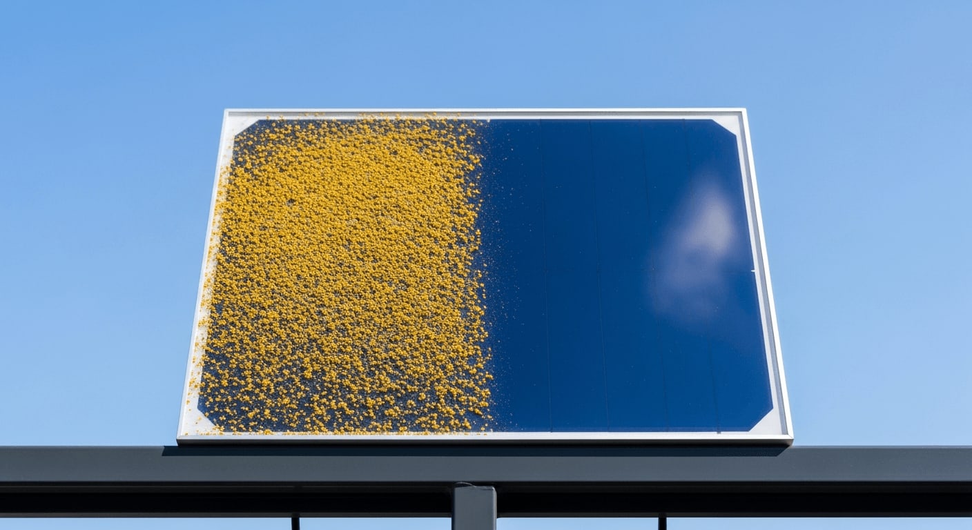 Balkonkraftwerk Reinigung: Kontrast zwischen einem stark mit Pollen verschmutzten und einem sauberen Solarmodul am Balkon.