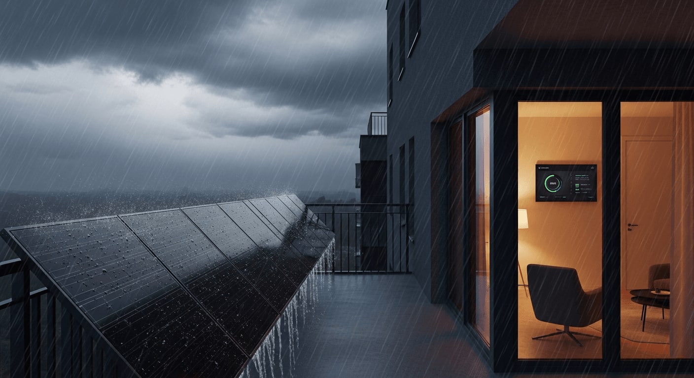 Balkonkraftwerk Versicherung: Solarmodul an einer Hausfassade während einem schweren Unwetter mit dunklen Wolken