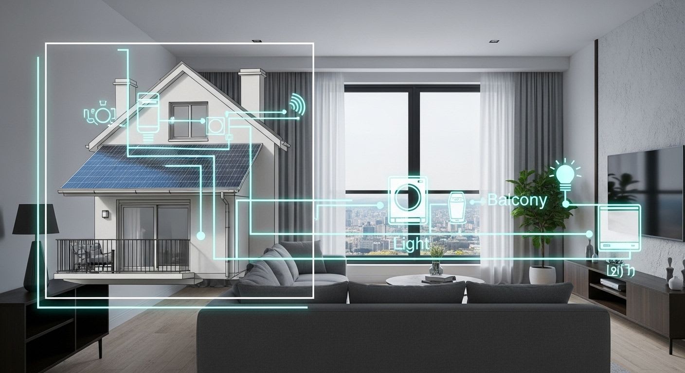 Visualisierung, wie sich der Strom vom Balkonkraftwerk im Haus verteilt, um Geräte zu versorgen, bevor Überschuss ins Netz fließt.