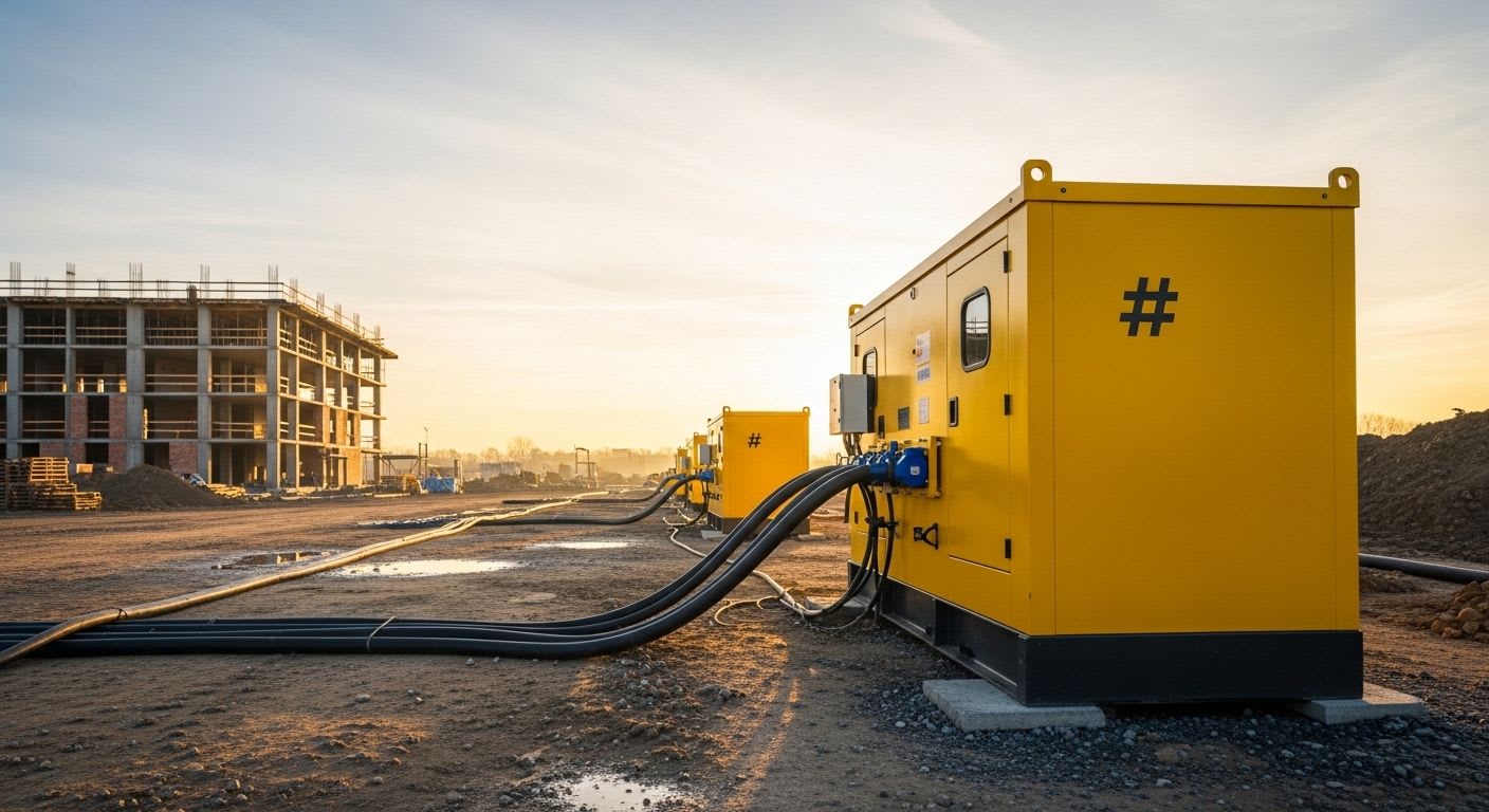 Ein Baustromverteiler versorgt eine Baustelle bei Sonnenaufgang mit Strom. Alles zu den Kosten und Anbietern von Baustrom.