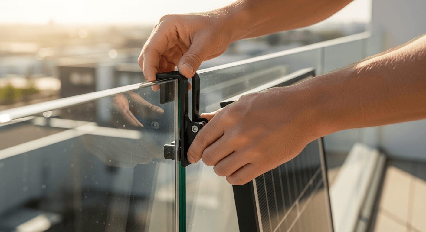 Fachgerechte Balkonkraftwerk Glasbalkon Montage mit einer sicheren Klemmhalterung ohne Bohren durch einen Installateur.