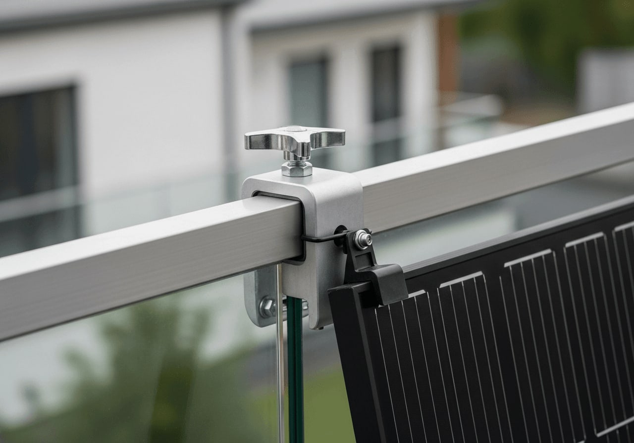 Schienenlose Klemmhalterung für das Balkonkraftwerk am Glasbalkon zur sicheren Befestigung ohne Bohren.