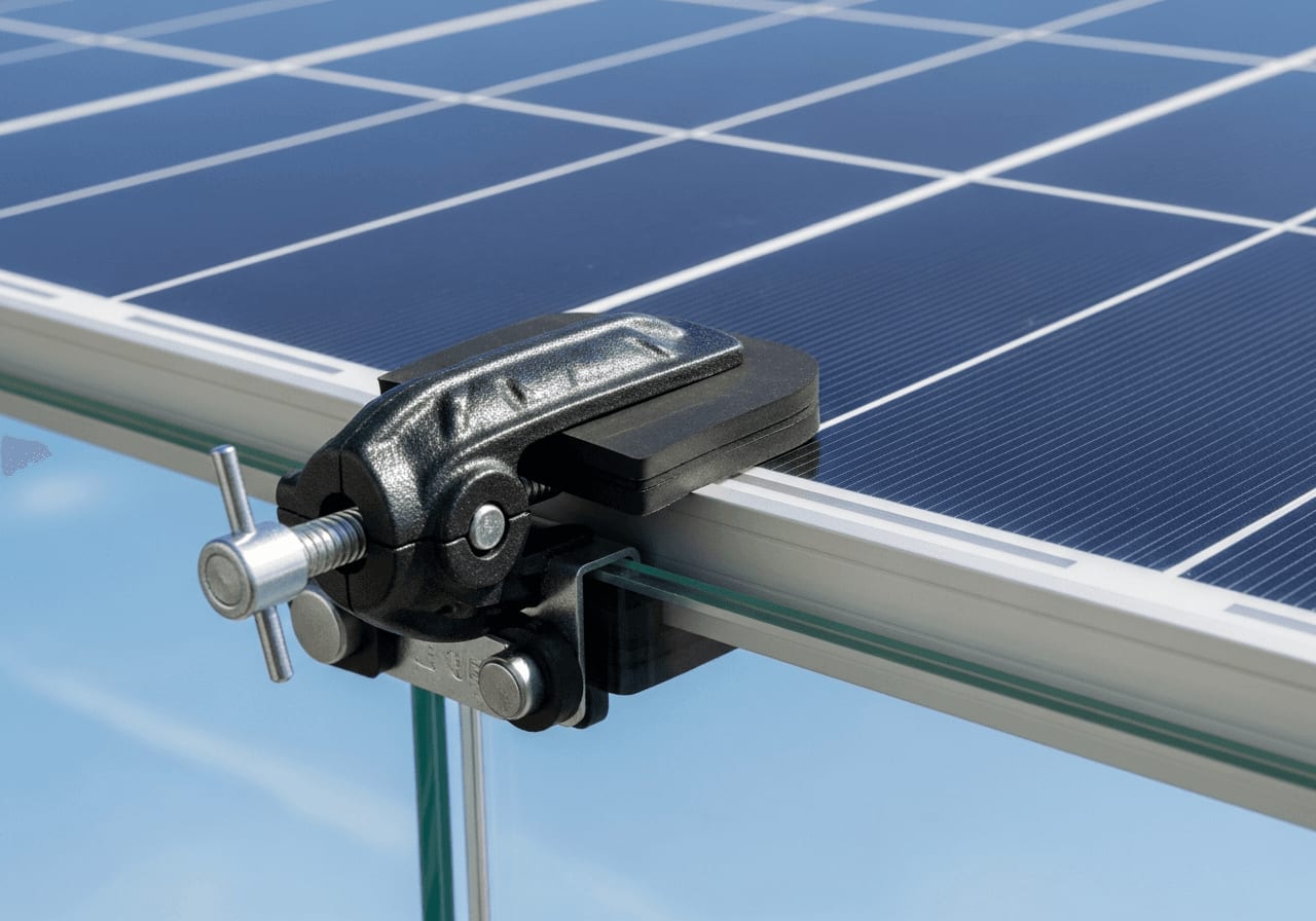 Detailansicht einer TÜV-konformen Klemmhalterung mit Gummierung für das Balkonkraftwerk am dicken Glasbalkon.