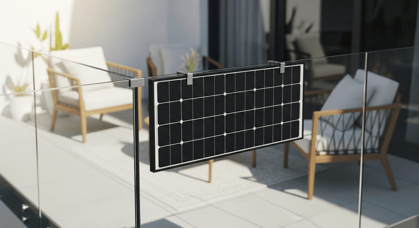 Sicheres Balkonkraftwerk am Glasbalkon mit schienenloser Montage neben gemütlichen Balkonmöbeln im Sonnenschein.