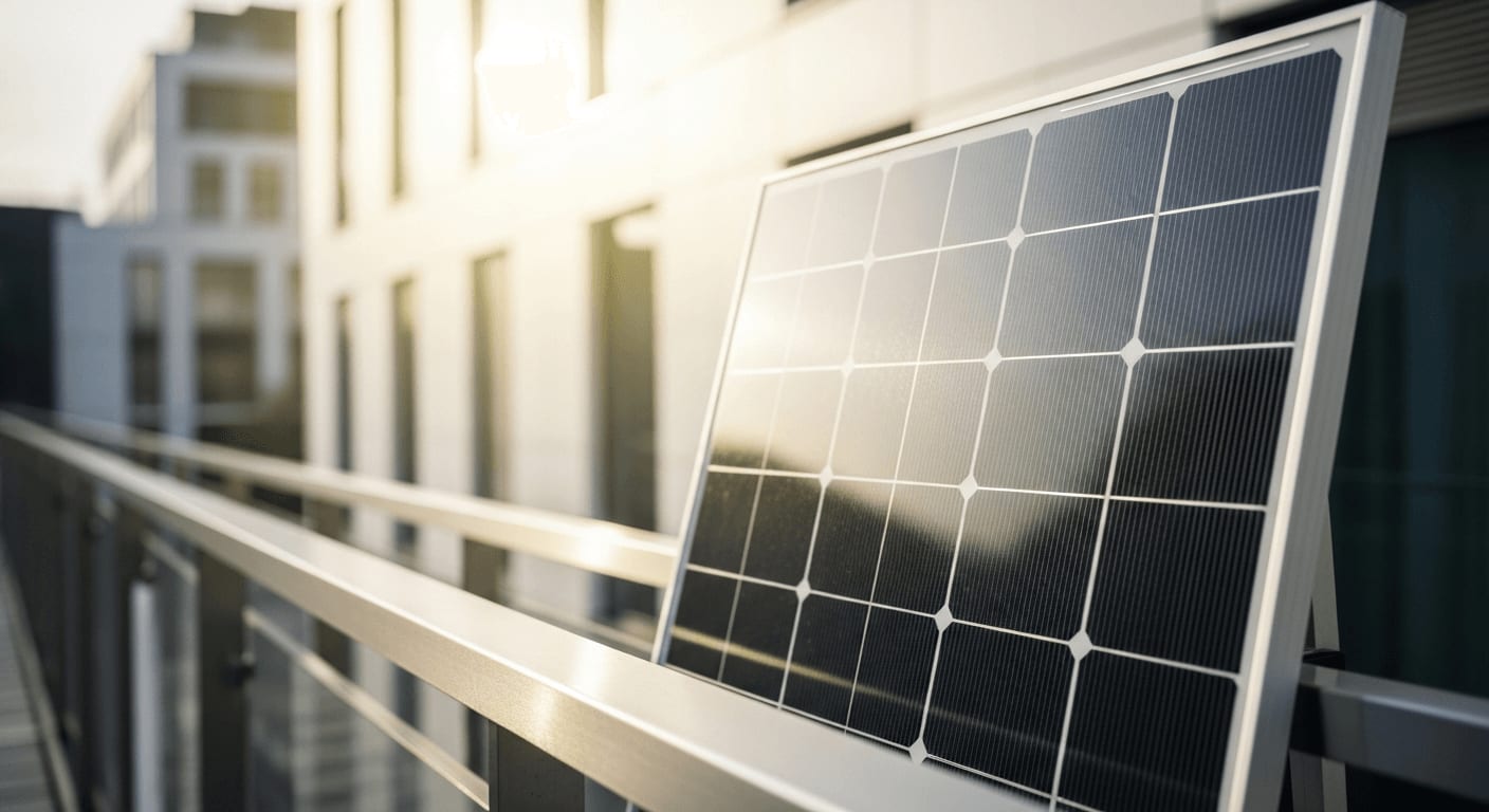 Rückseite der bifazialen Solarmodule am Balkon bei der Installation am Metallgeländer mit einfallendem Morgenlicht.