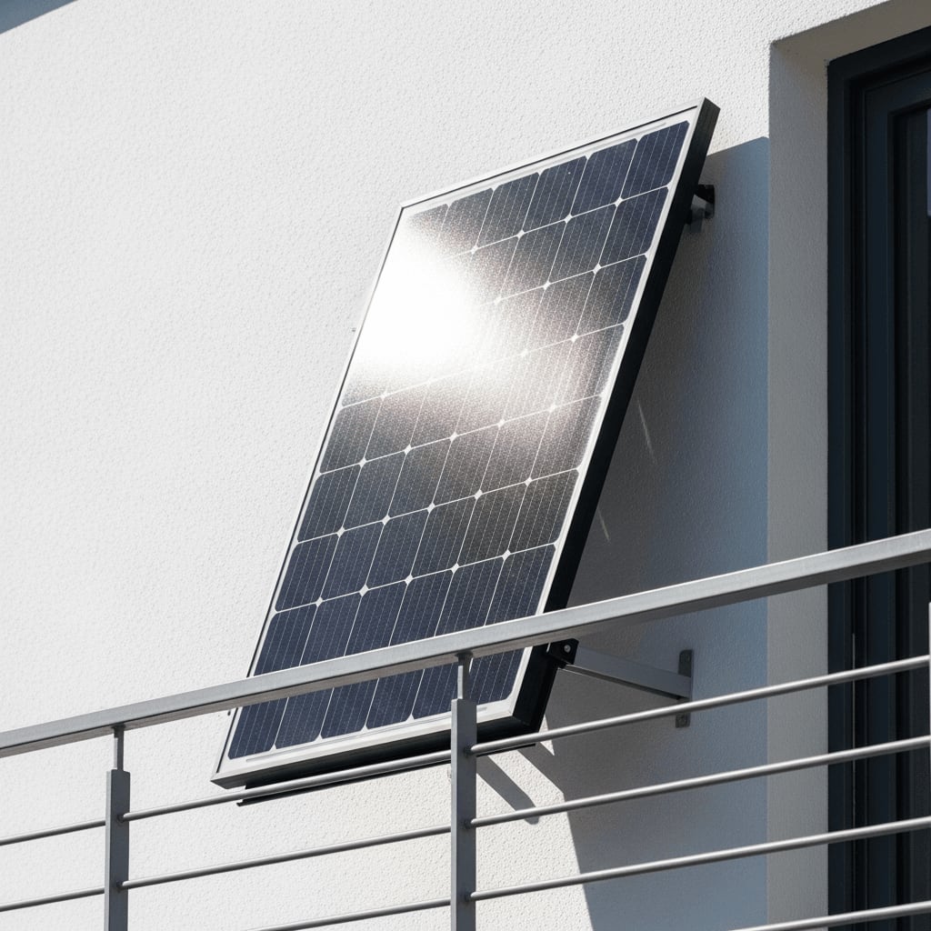 Bifaziale Solarmodule am Balkon: Seitenansicht der 30-Grad-Aufständerung vor weißer Wand für maximalen Mehrertrag.