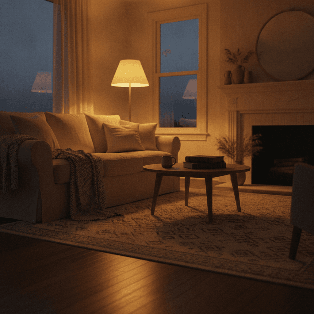 Wohnzimmer am Abend mit eingeschalteter Lampe