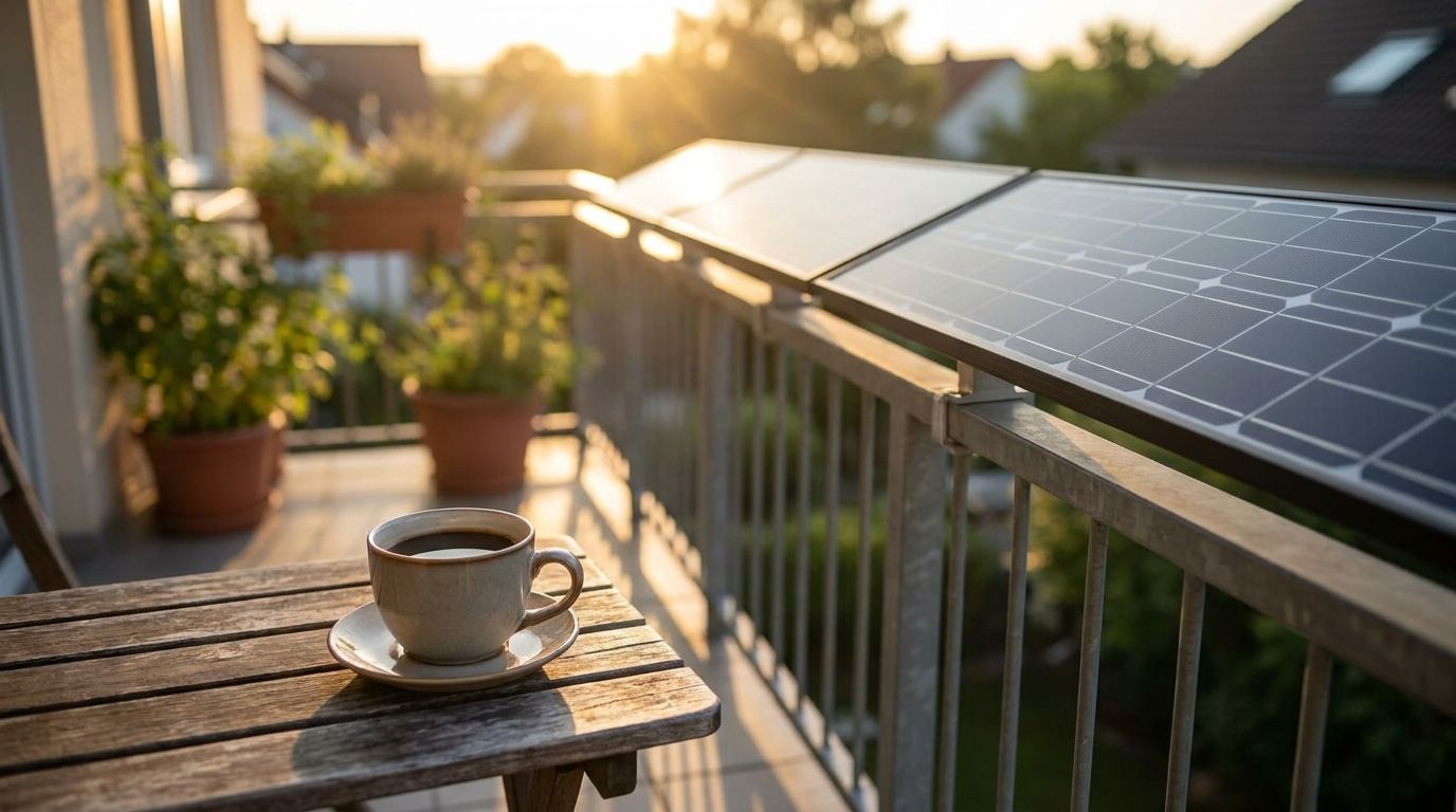 Morgensonne auf den Solarmodulen, davor eine Tasse Kaffee