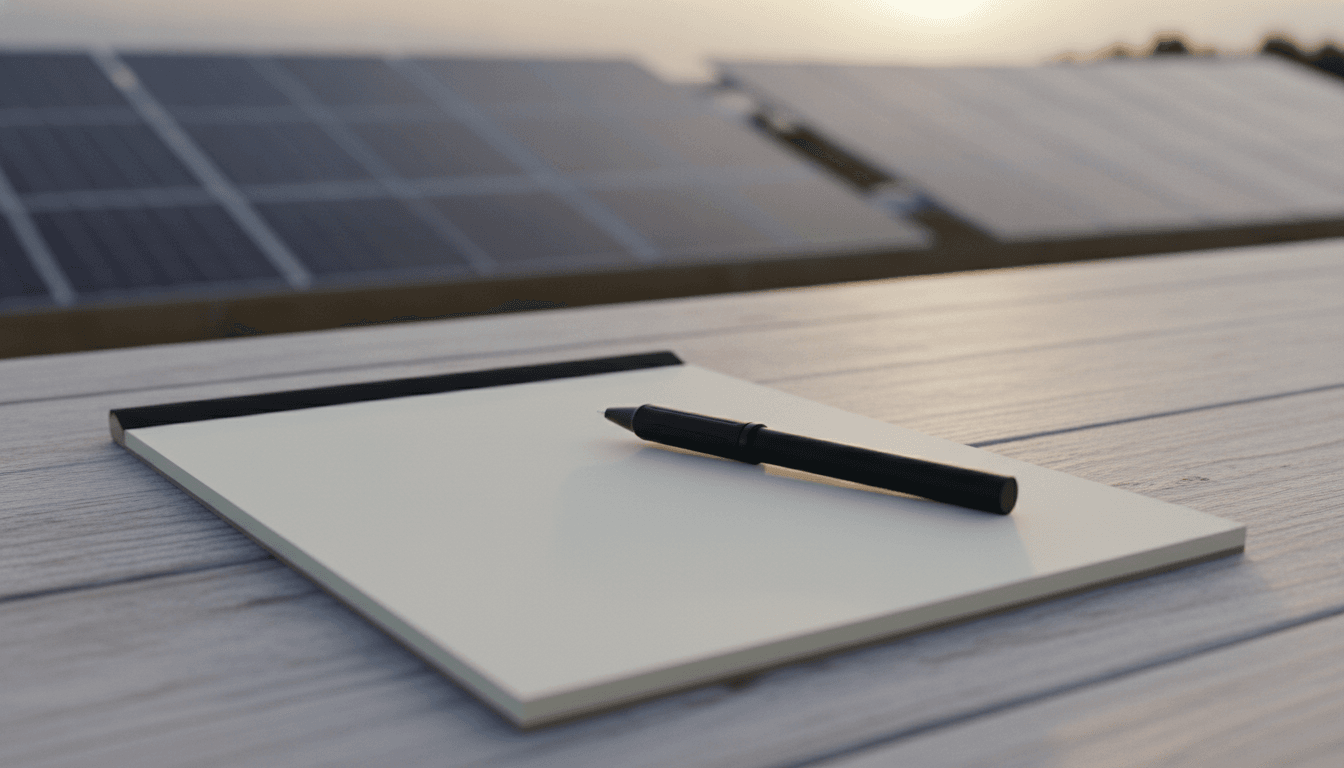 Leerer Notizblock mit Stift vor Solarmodulen