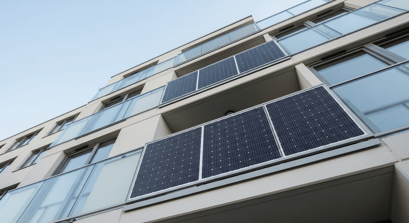 Ein Dünnschicht-Balkonkraftwerk an einem Glasbalkon.