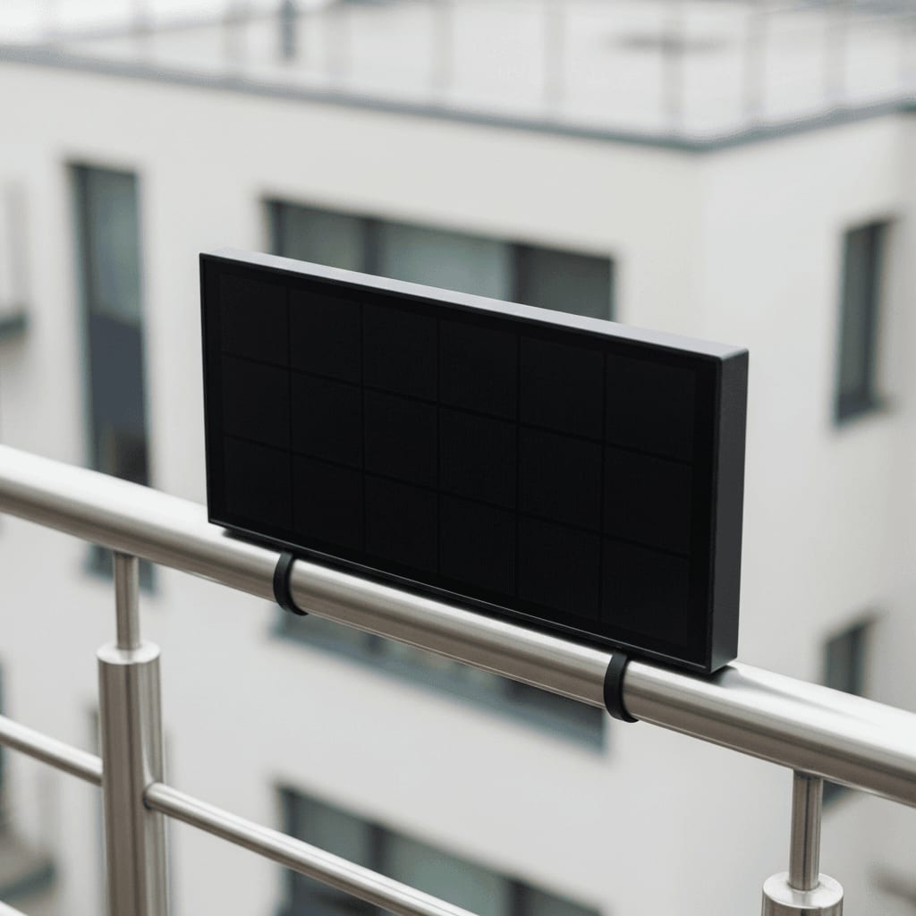 Sauber montiertes Full-Black-Balkonkraftwerk an einem Edelstahlgeländer, optimal für eine unauffällige Hausoptik.