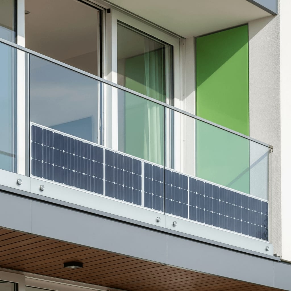 Ästhetischer Glasbalkon mit integriertem, halbtransparentem Solarmodul, das keinen Grund für ein Vermieter-Verbot liefert.