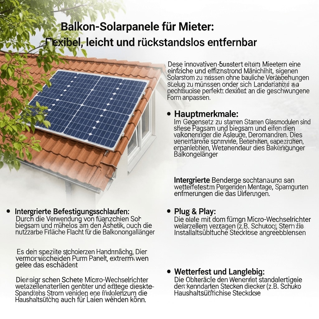 Flexible, leichte Solarmodule mit Befestigungsschlaufen an einem abgerundeten Balkon als Alternative für Mieter.