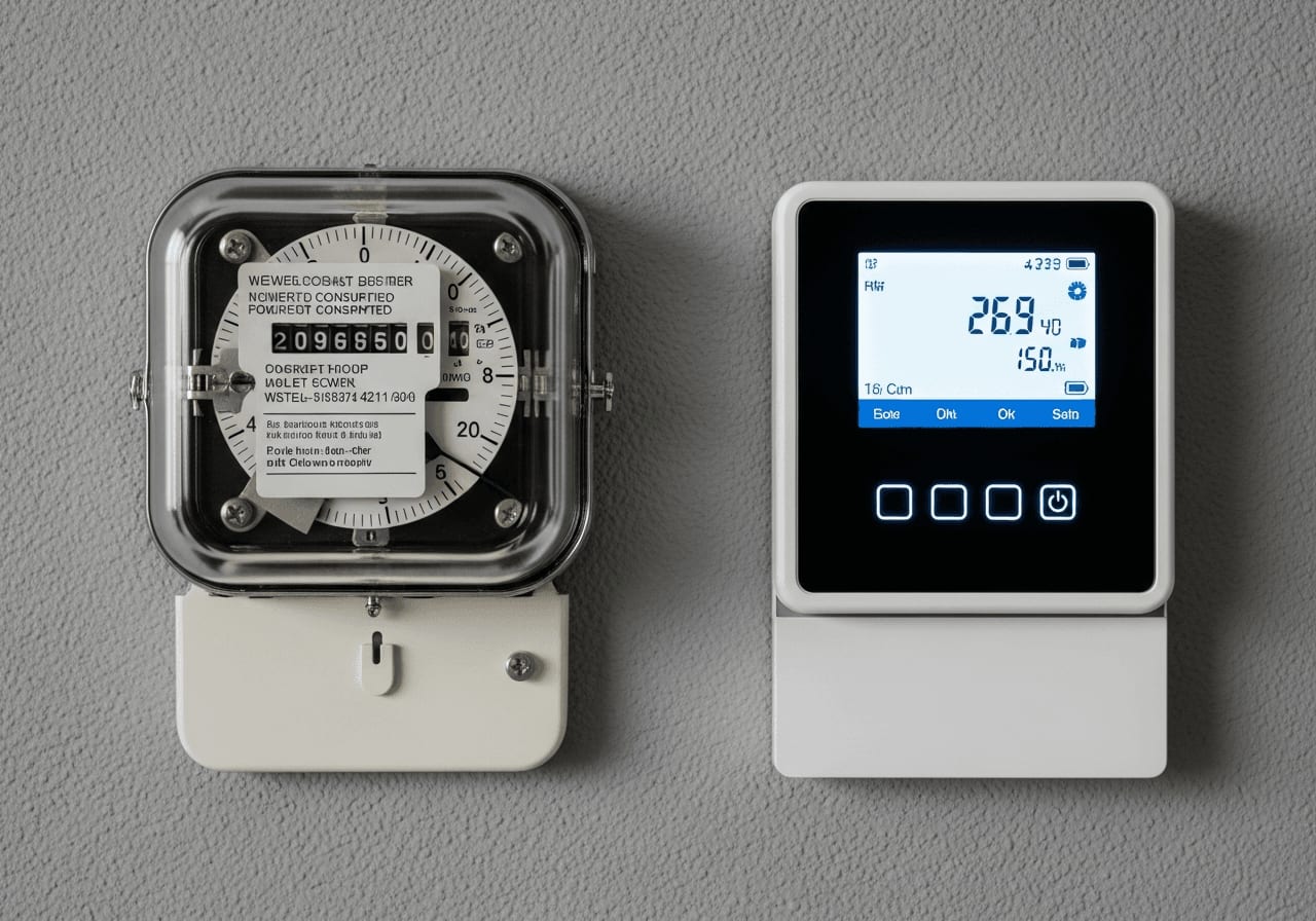 Vergleich am Stromkasten: Alter Ferraris-Zähler neben einem modernen digitalen Smart-Meter für das Balkonkraftwerk.