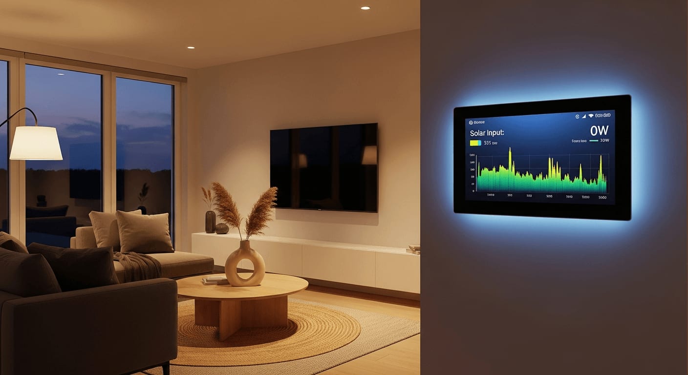Dynamische Stromtarife: Smart-Home-Panel an der Wand im abendlichen Wohnzimmer zeigt hohen Energieverbrauch an.
