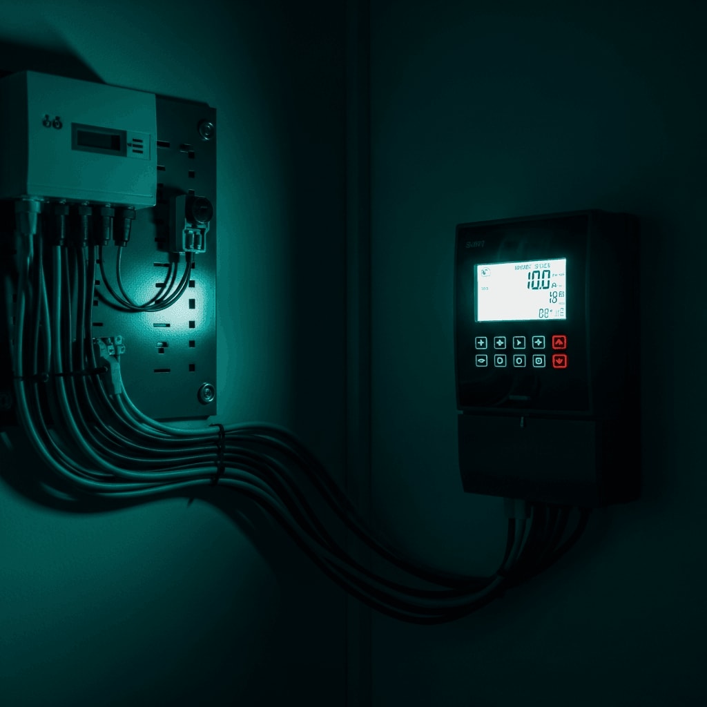 Smarter Stromzähler an der Wand im Technikraum misst den nächtlichen Stromverbrauch für das Balkonkraftwerk-Setup.
