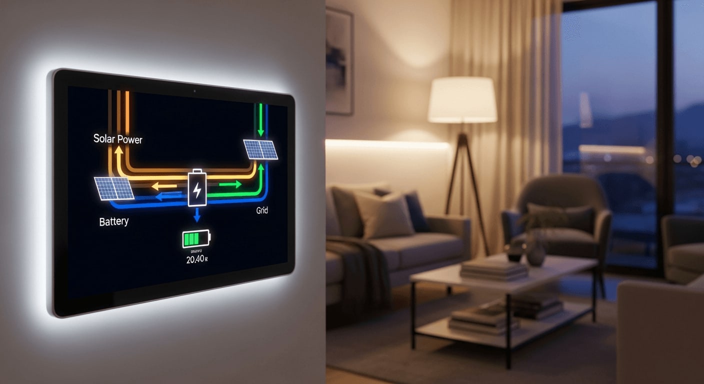 Smart-Home-Display zeigt Energiefluss von Balkonkraftwerk und Speicher im gemütlichen Wohnzimmer am Abend.
