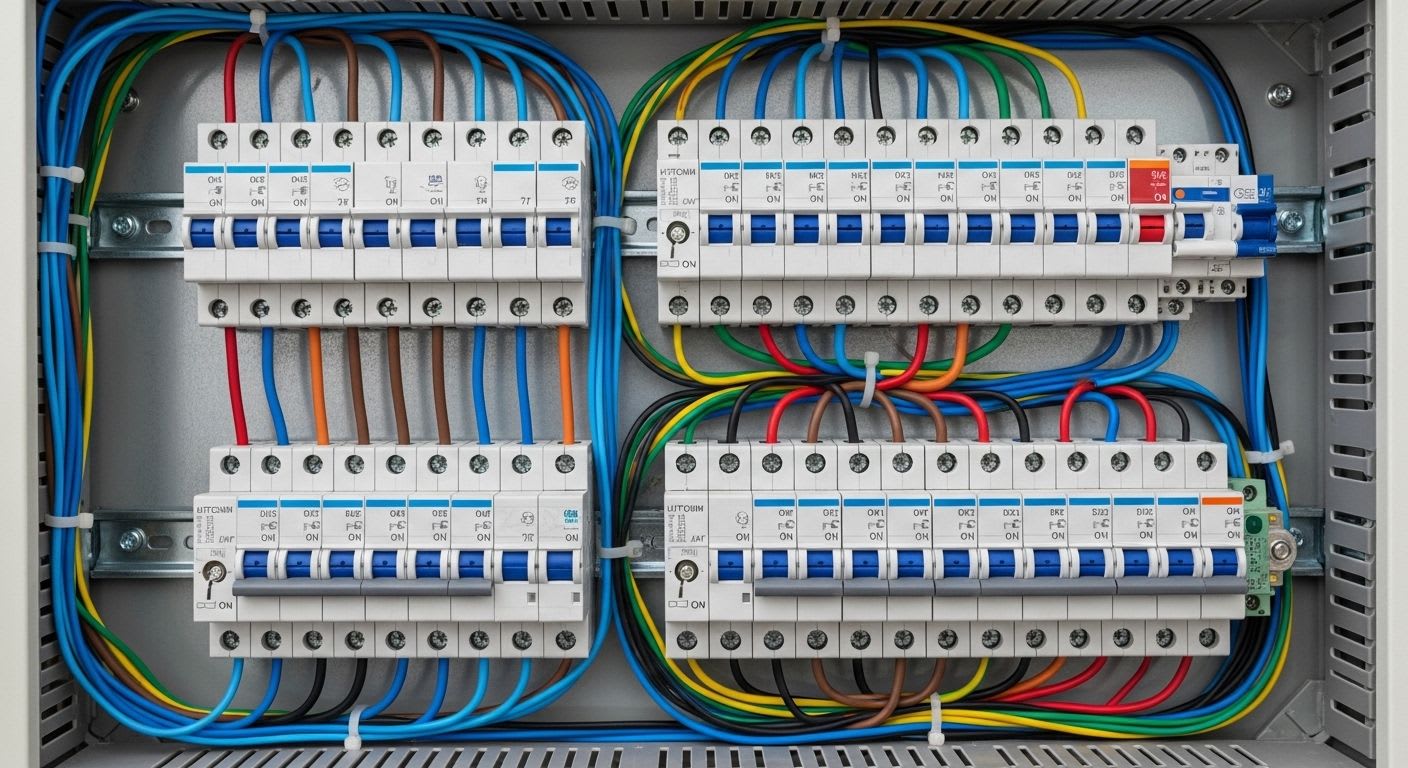 Detailaufnahme eines komplexen Sicherungskastens, die die Wichtigkeit sicherer Elektroarbeiten durch einen Fachbetrieb verdeutlicht.