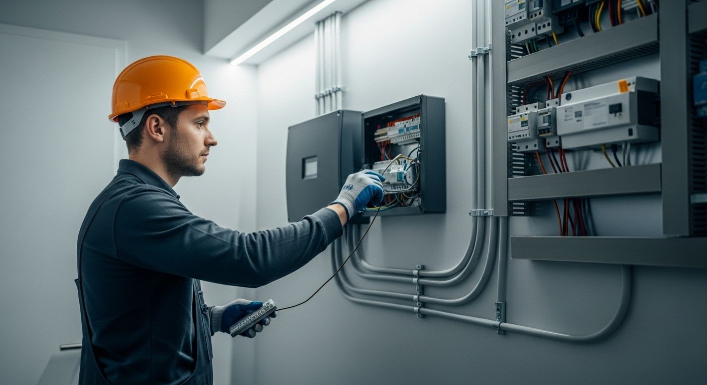 Ein zertifizierter Elektriker bei der Durchführung von Elektroarbeiten im Haus, denn für die Installation sind Fachbetriebe Pflicht.
