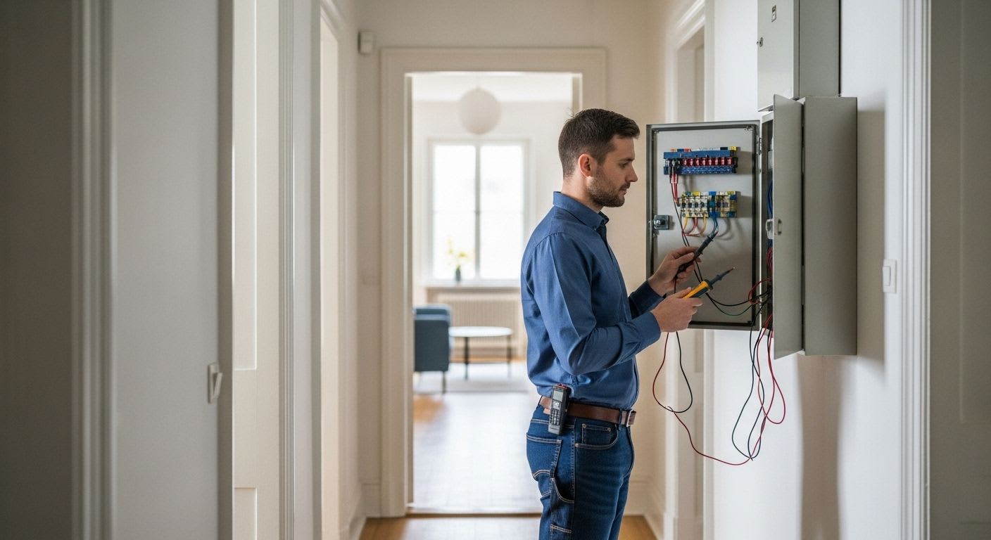 Ein Elektriker führt einen Sicherheitscheck an der Elektroinstallation in einem Altbau durch, um Gefahren zu erkennen und zu modernisieren.