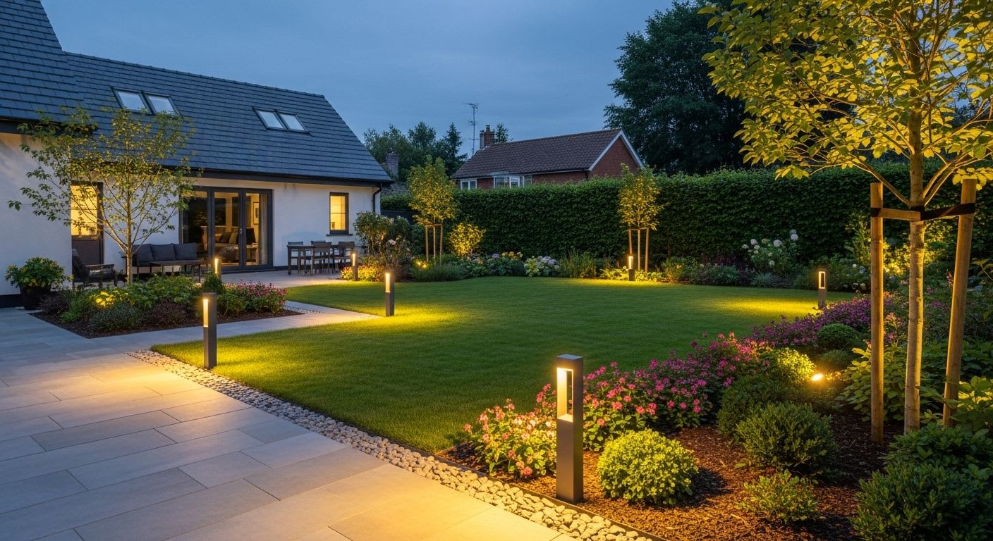Ein professionell verlegtes Erdkabel im Garten versorgt bei Dämmerung die moderne Wegbeleuchtung mit Strom.