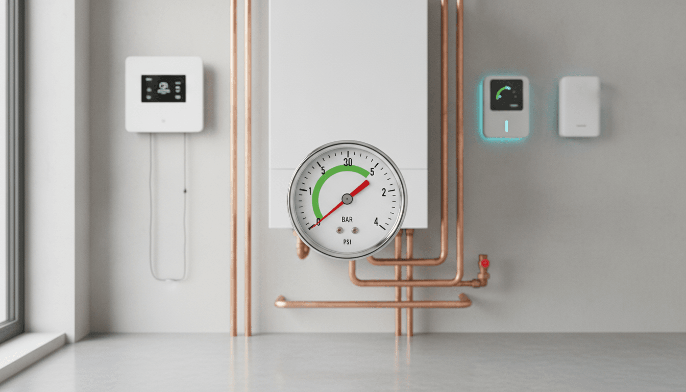 Das Manometer der Heizungsanlage zeigt den korrekten Wasserdruck nach dem erfolgreichen Heizkörper entlüften an.