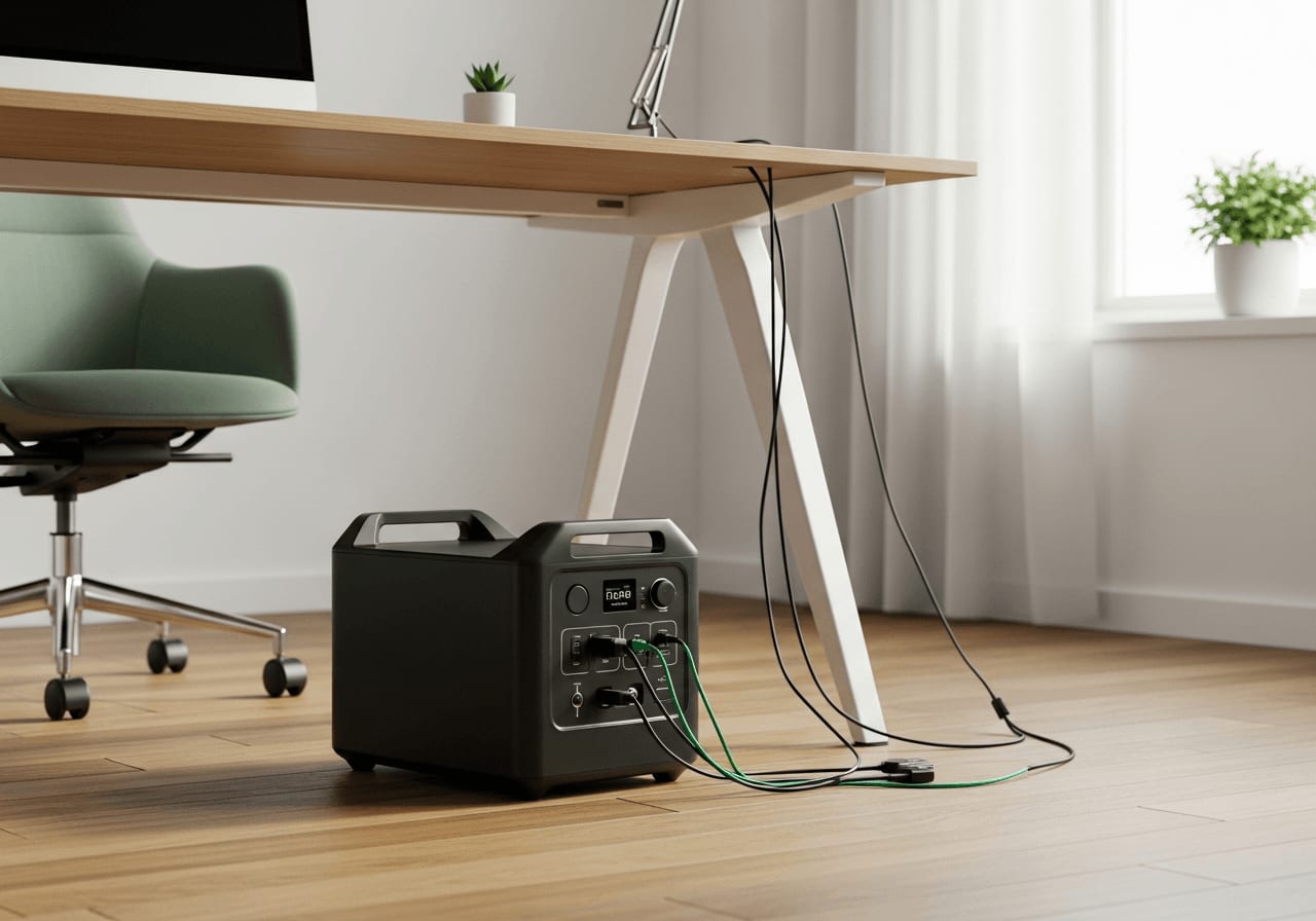 Schwarze Powerstation zur Speicherung von Solarstrom für die Infrarotheizung neben Schreibtisch im Home-Office.