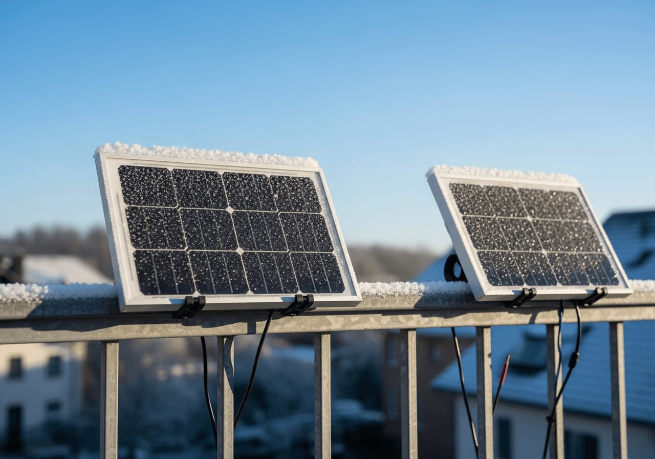 Frostiges Solarmodul eines Balkonkraftwerks zur Stromerzeugung am Geländer an einem sonnigen Wintermorgen.