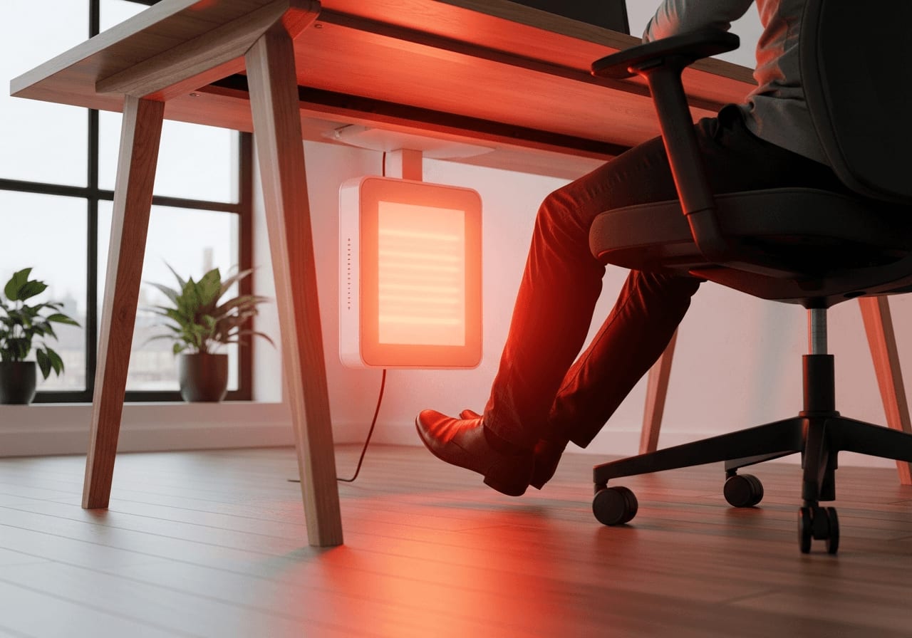 Heizen mit Sonnenstrom: Kompaktes Infrarot-Heizpanel unter einem Schreibtisch wärmt direkt die Beine im Home-Office.