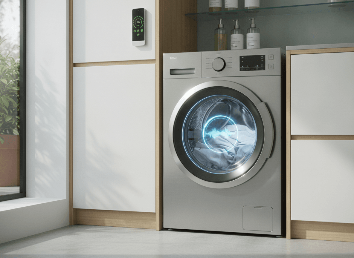 Eine laufende Waschmaschine, deren Stromverbrauch mit der kWh berechnen Formel einfach kalkuliert werden kann.