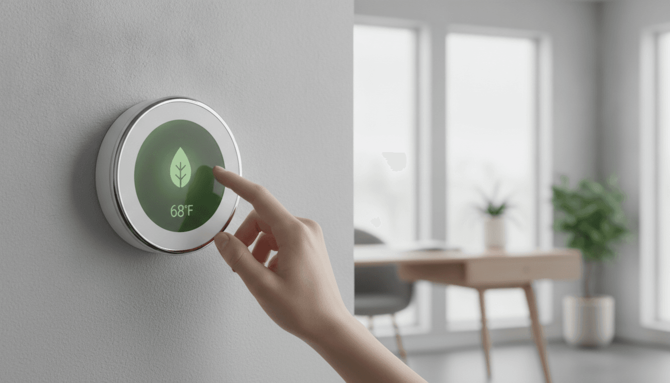 Eine Hand stellt ein smartes Thermostat ein, um nach Anwendung der kWh berechnen Formel Energie zu sparen.