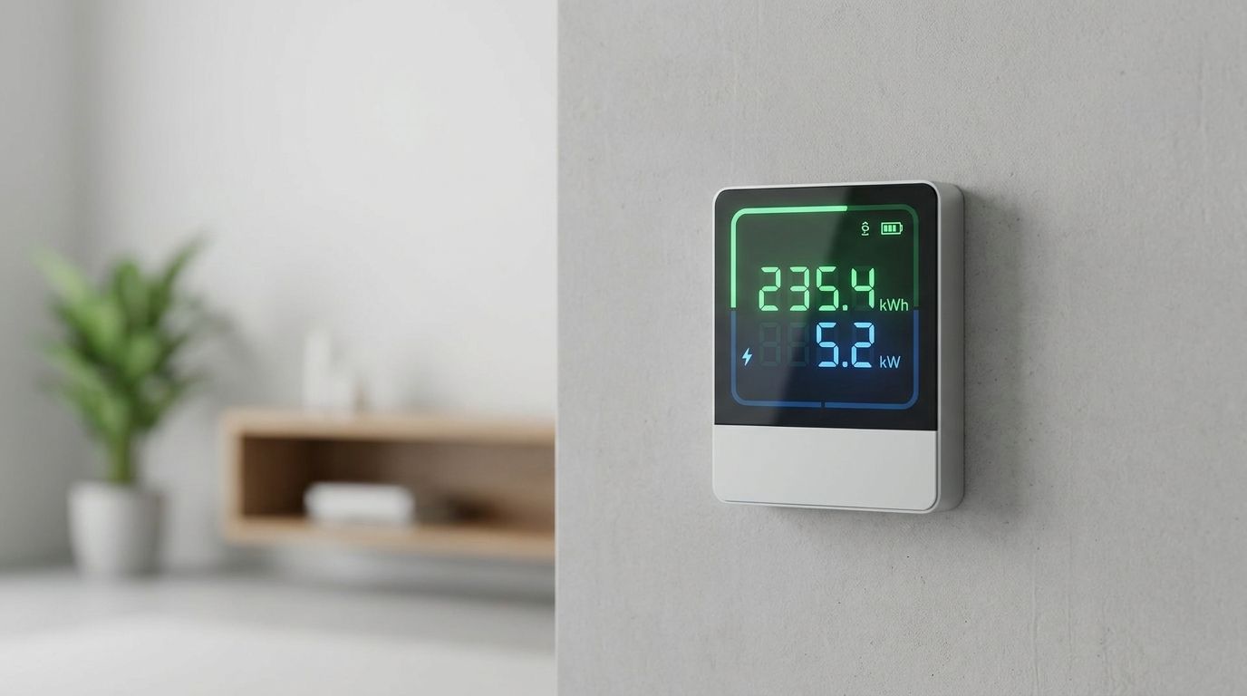Moderner digitaler Stromzähler zeigt den Verbrauch, um mit der kWh berechnen Formel die Stromkosten zu ermitteln.