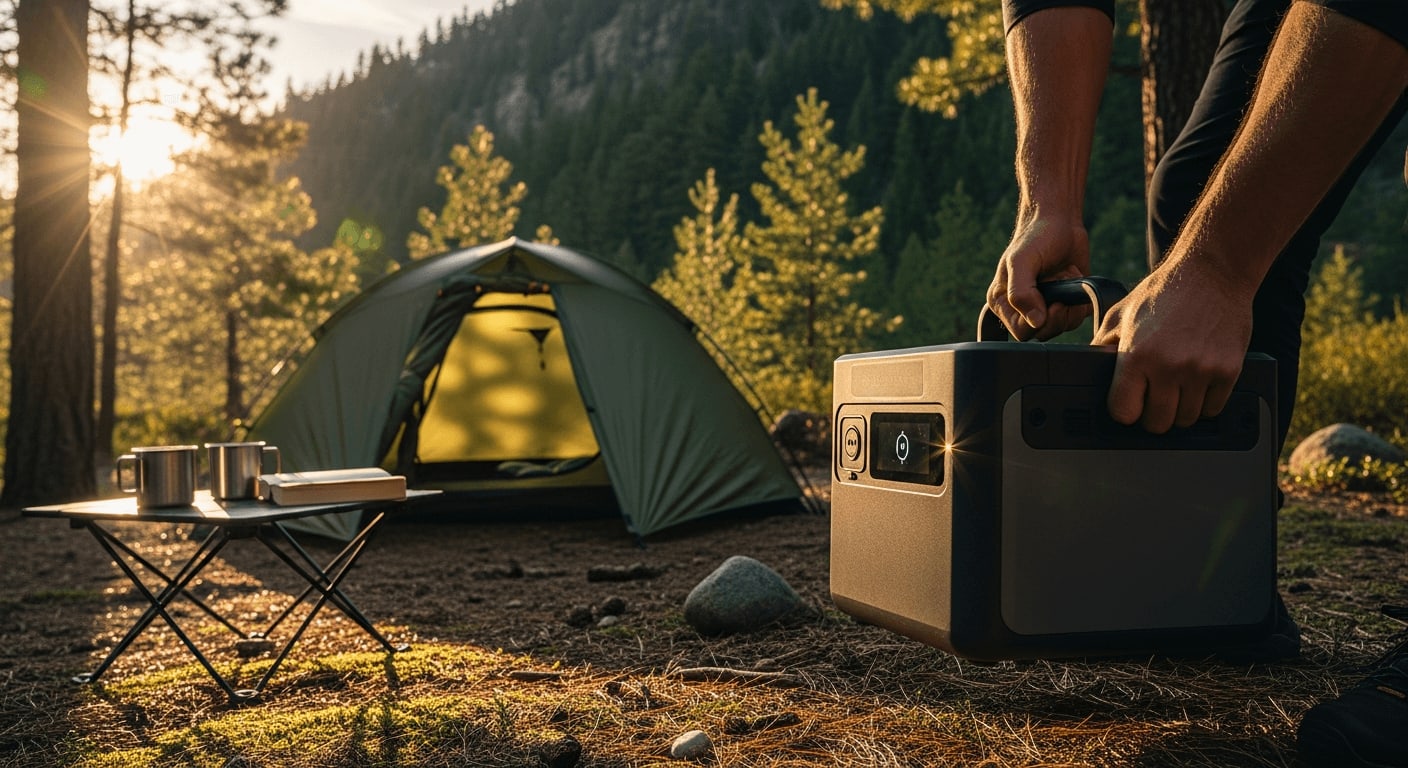 Camper hebt eine schwere LiFePO4 Powerstation im Wald, ein typisches Gewichtsproblem heutiger Batterietechnik.