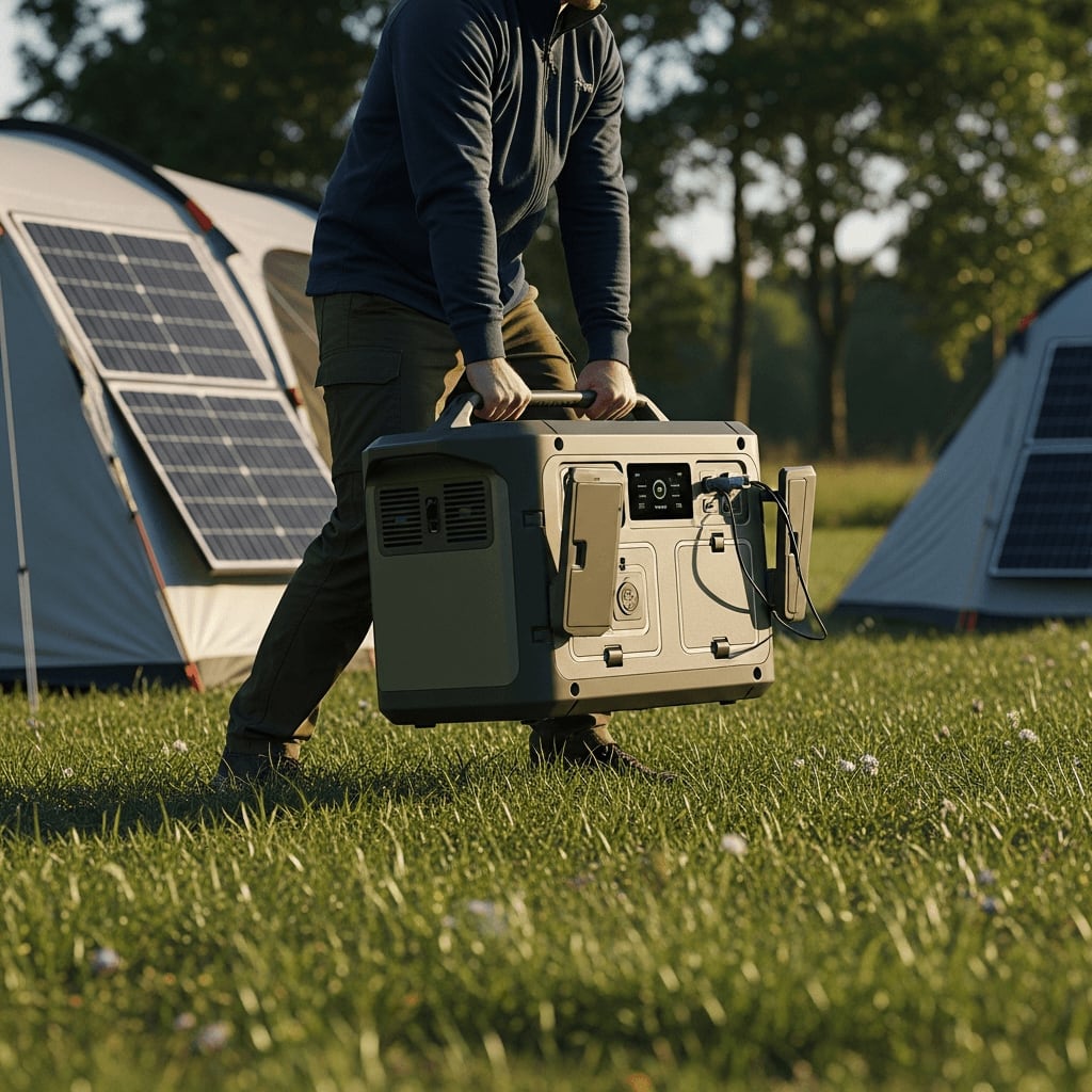 Person trägt mühsam eine schwere LiFePO4-Powerstation über einen Campingplatz, was das hohe Gewicht verdeutlicht.