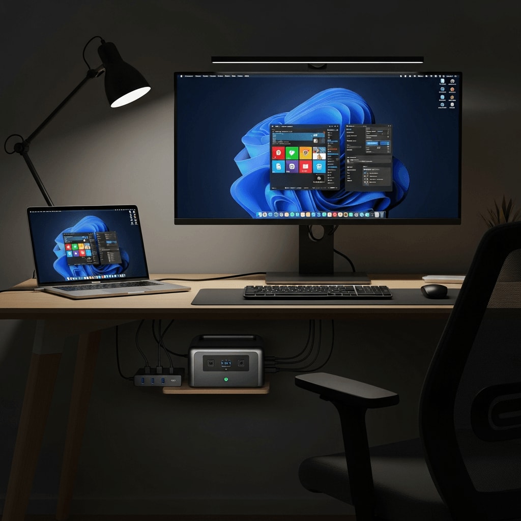 Home-Office-Arbeitsplatz wird bei Stromausfall von einer kompakten Powerstation als Notstromaggregat versorgt.