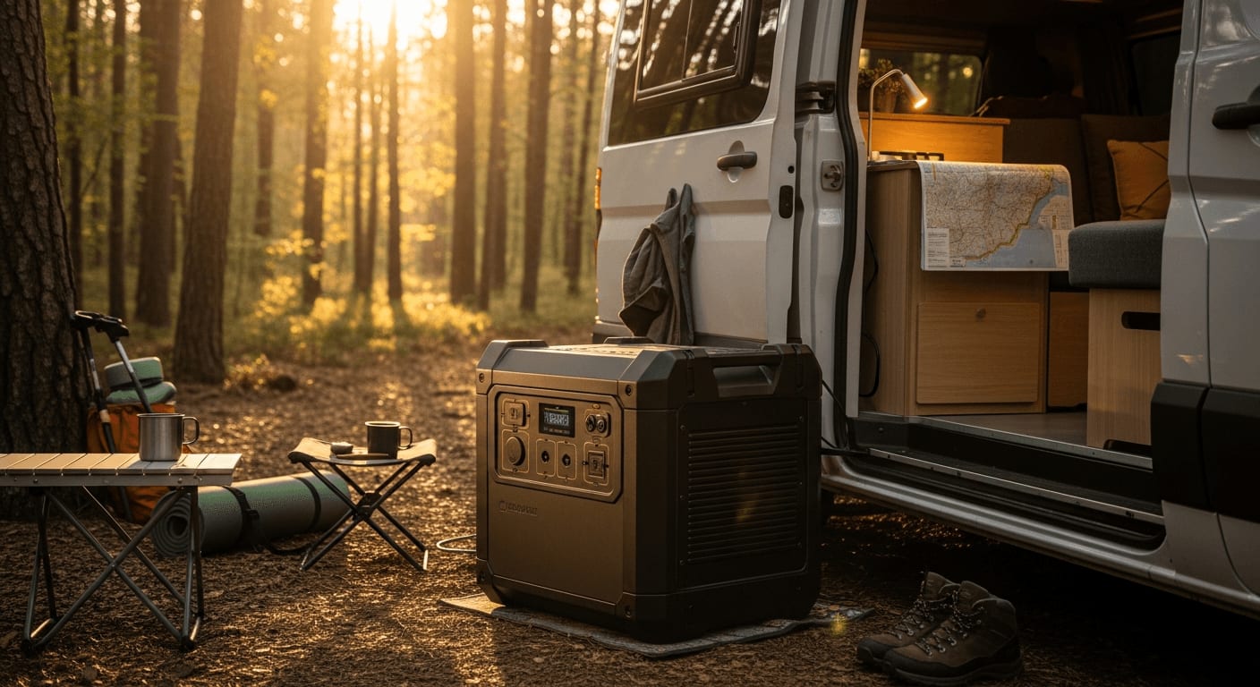 LiFePO4 vs. Feststoff-Batterie 2026: Große, schwere Powerstation vor einem offenen Camper-Van im sonnigen Wald.
