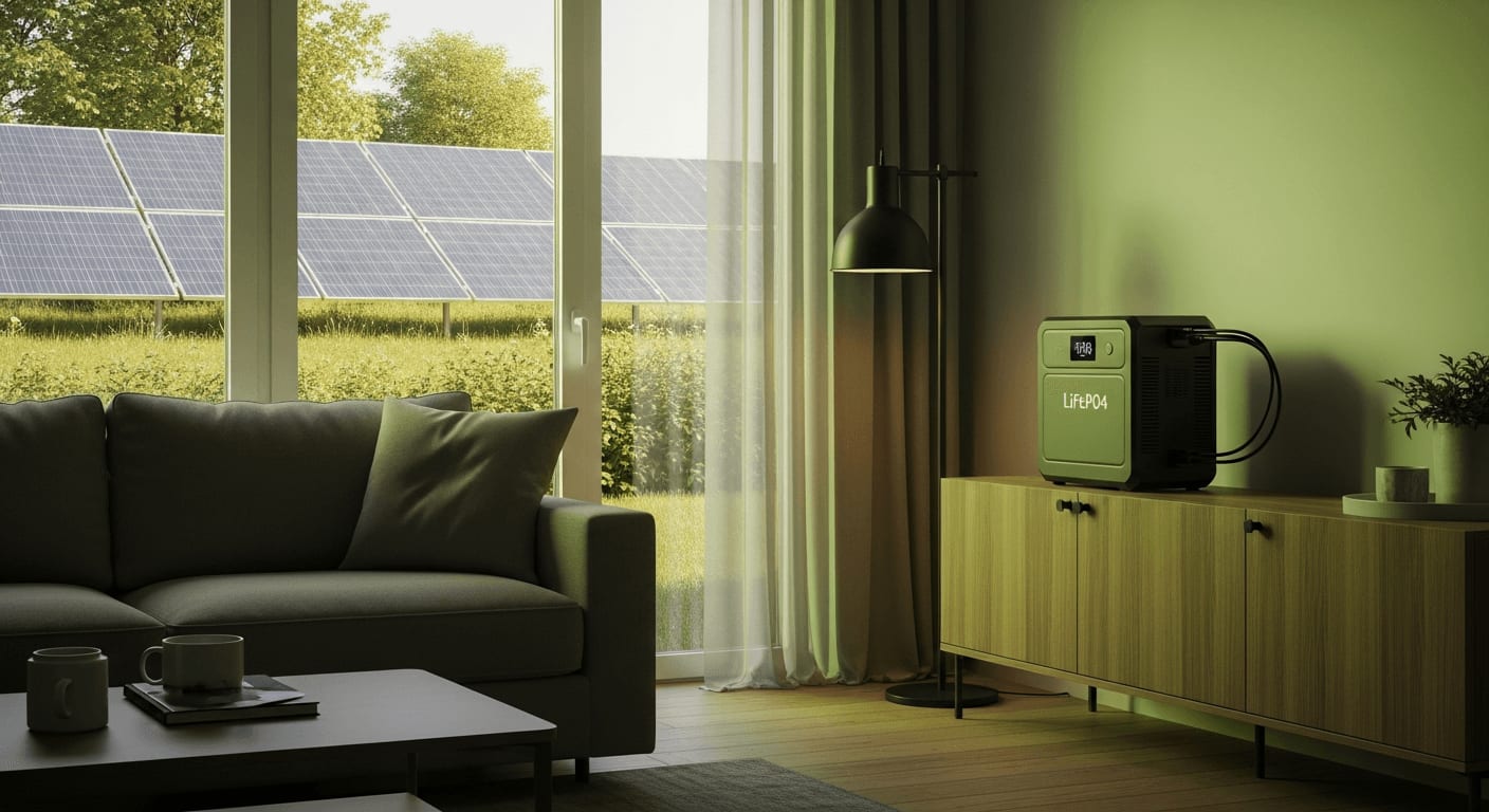 Eine moderne LiFePO4 Powerstation steht auf einem Sideboard in einem sonnendurchfluteten Wohnzimmer mit Solarmodulen vor dem Fenster.
