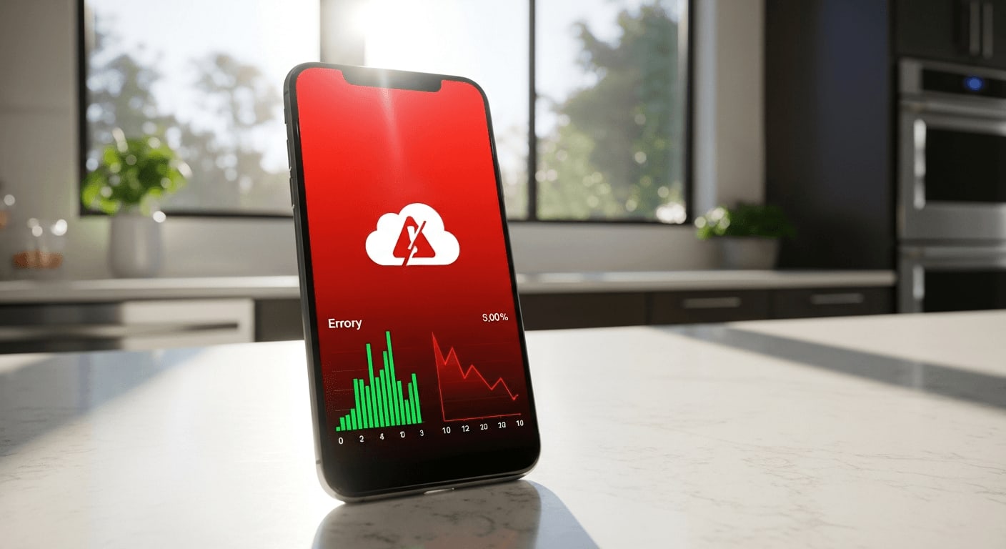 Smartphone zeigt Verbindungsfehler in einer Monitoring-App für Solaranlagen bei strahlendem Sonnenschein in der Küche.