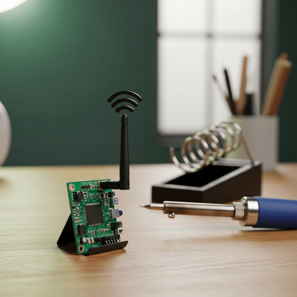 Funkmodul mit Antenne für den Eigenbau eines Open-Source-Empfängers zur lokalen Auswertung von Ertragsdaten.