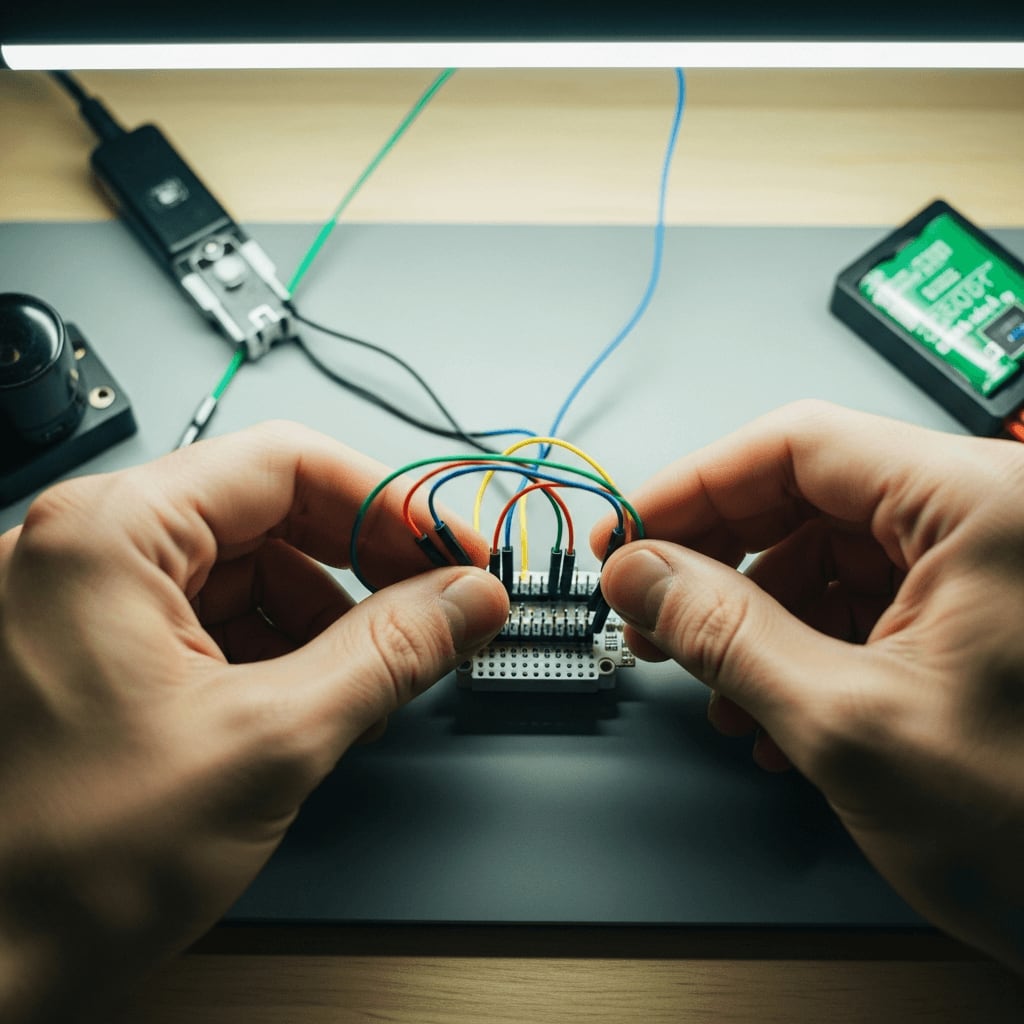 Hände verkabeln einen Mikrocontroller beim Zusammenbau eines DIY-Empfängers für unabhängige Echtzeit-Ertragsdaten.