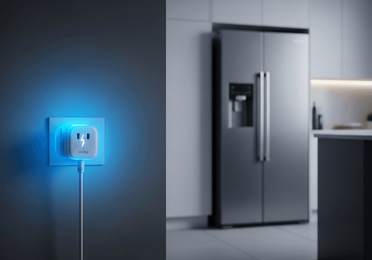 Leuchtender Smart Plug an Steckdose mit Kühlschrank im Hintergrund zur Überwachung von Verbrauchsdaten per Monitoring-App.